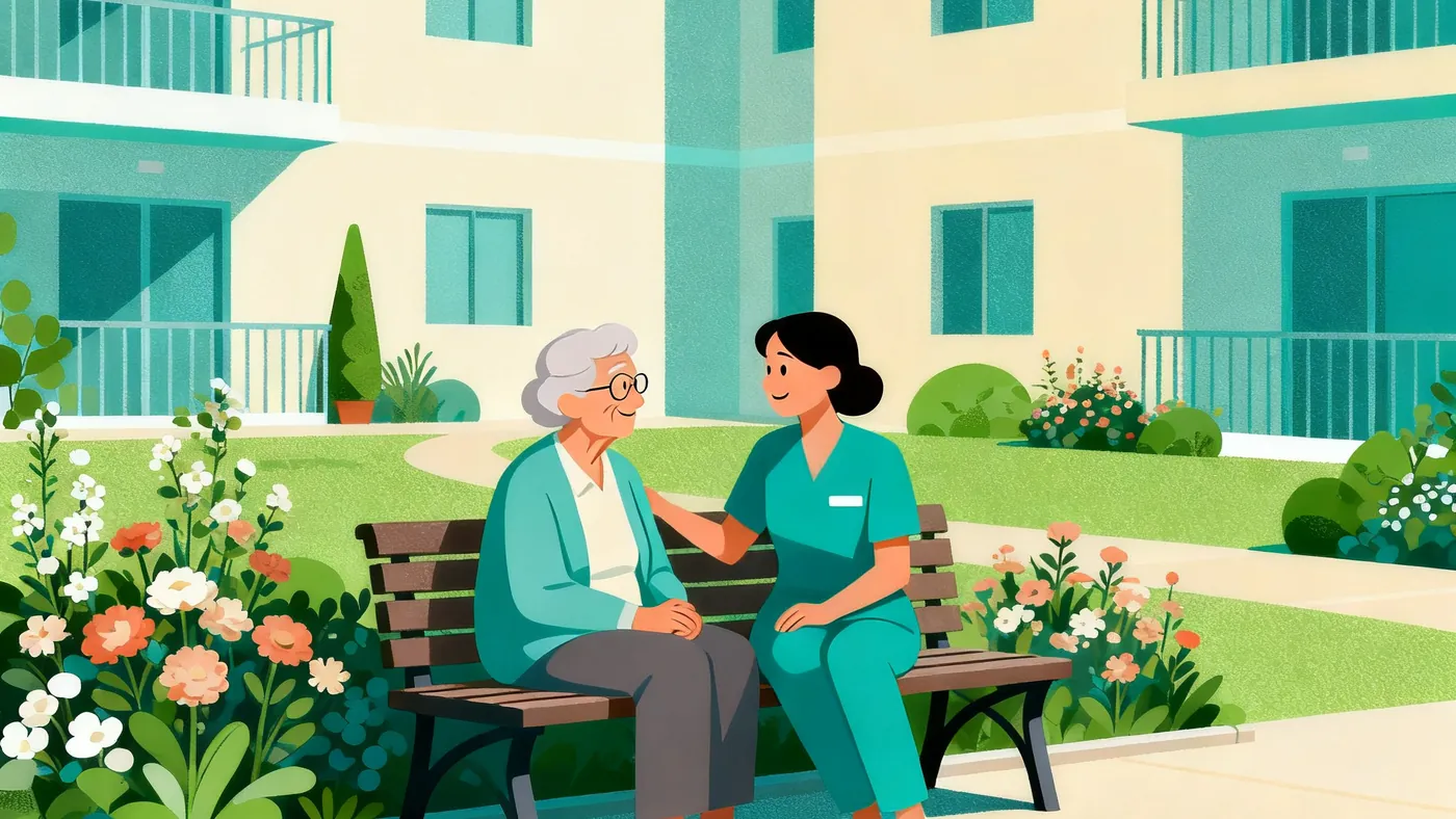 Un residente mayor y una cuidadora conversan con cariño en el jardín de una comunidad de vida asistida