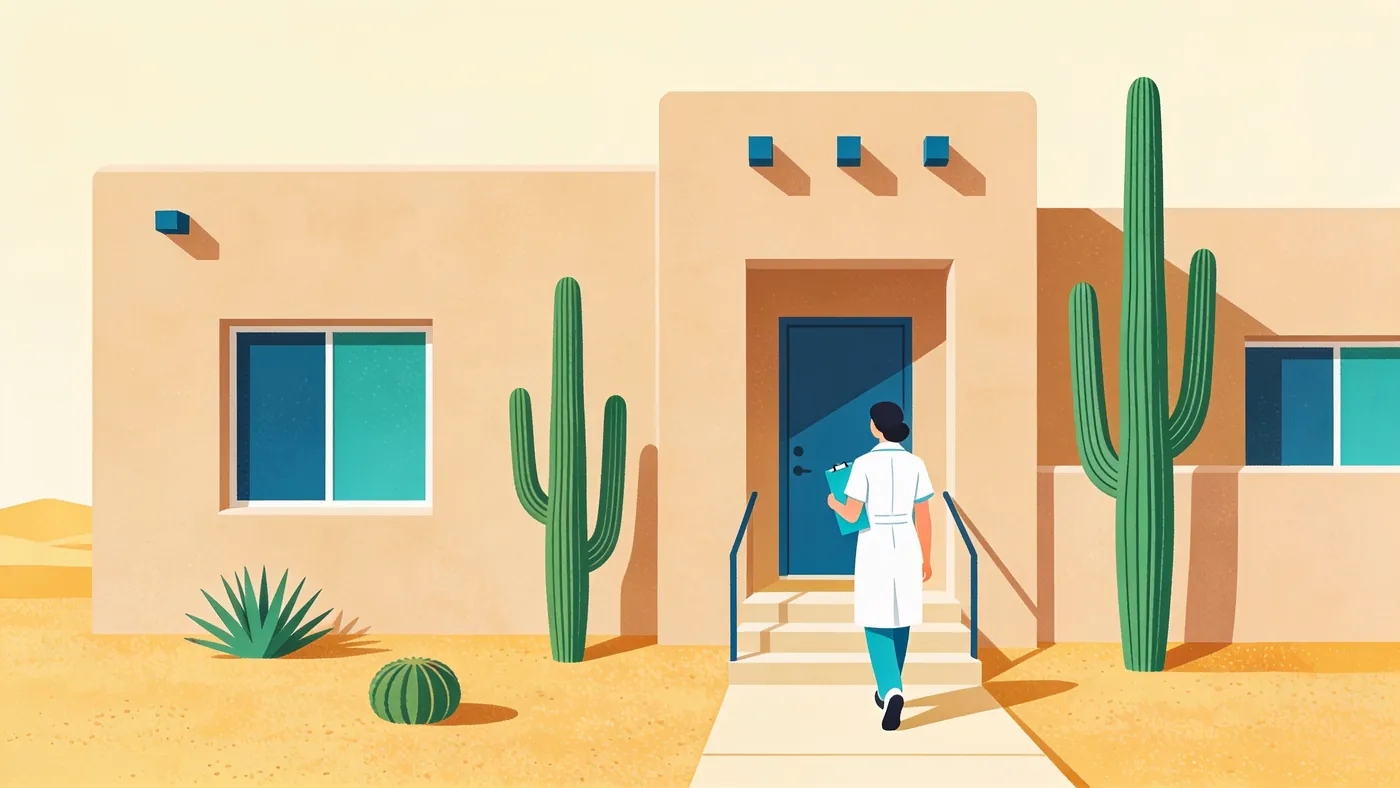 Una enfermera de cuidado a domicilio llega a una casa del desierto del suroeste con fachada de estuco y cactus altos en el jardín