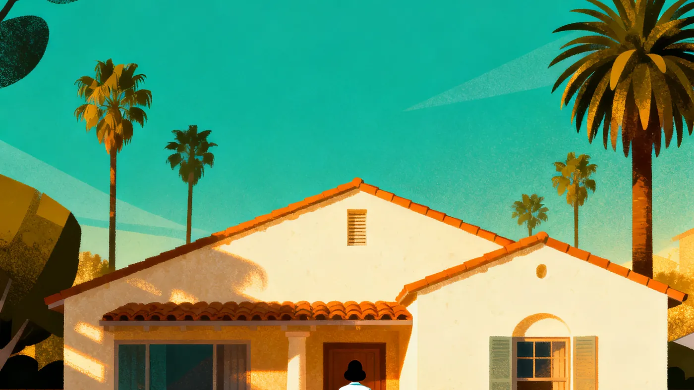 Una enfermera de cuidado a domicilio camina hacia una casa de estilo español típica de Los Ángeles, con palmeras al fondo
