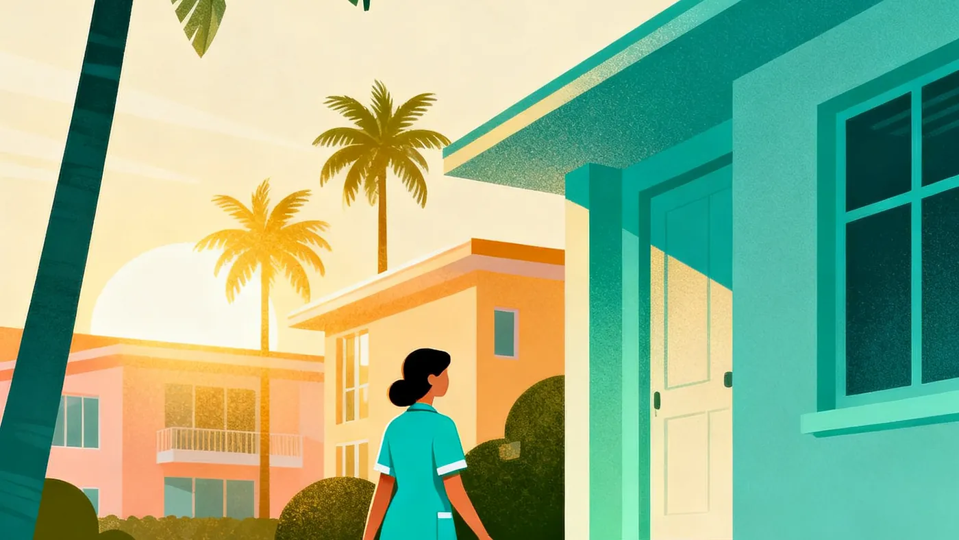 Una enfermera de cuidado a domicilio llega a una casa de estilo Miami con palmeras al fondo