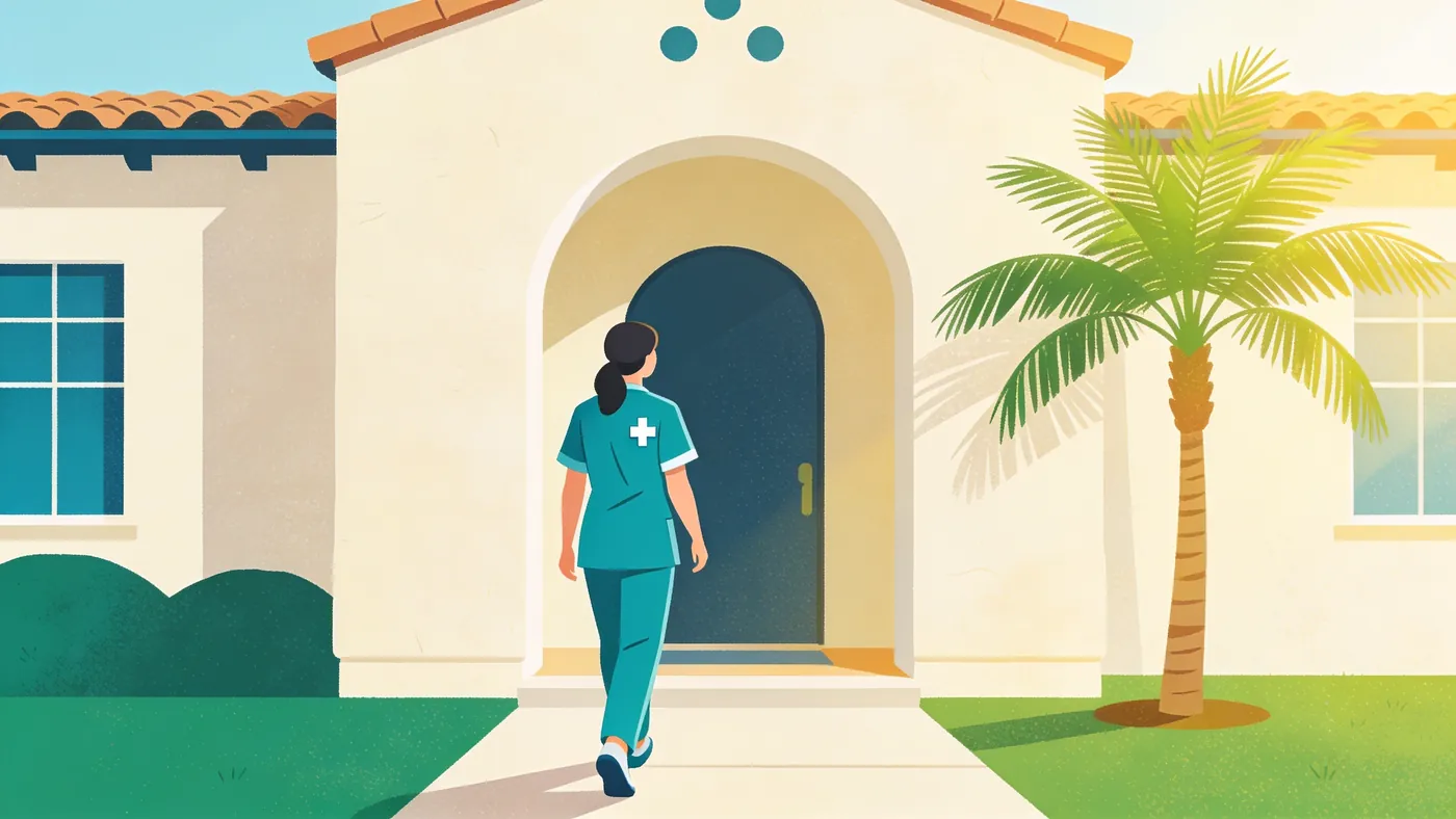 Una enfermera de cuidado a domicilio llega a una casa de estuco estilo español de California con puerta en arco y una pequeña palmera