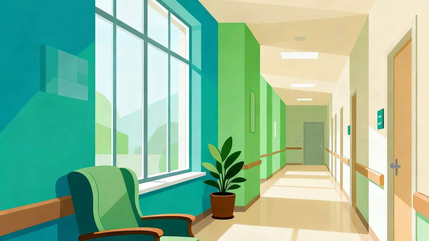 Un pasillo cálido y luminoso de una residencia para personas mayores, con una silla y una planta