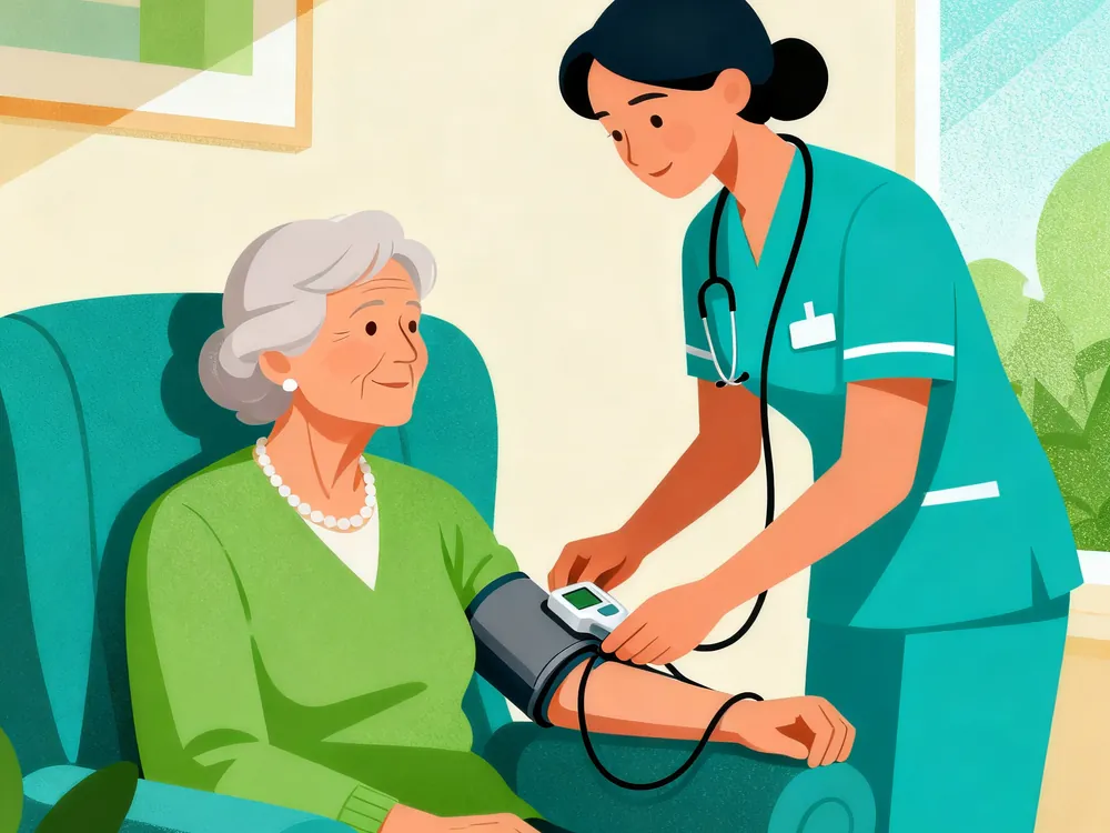 Una enfermera revisa amablemente la presión arterial de una persona mayor sentada en una silla