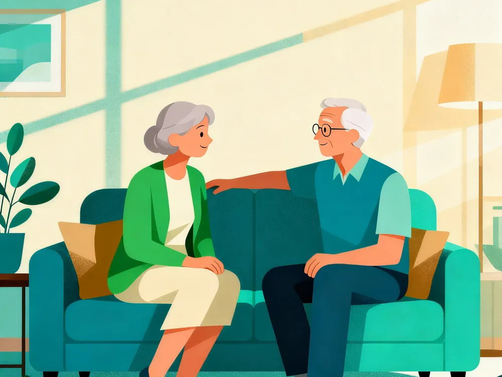 Dos generaciones de una familia conversando con calidez en un sofá