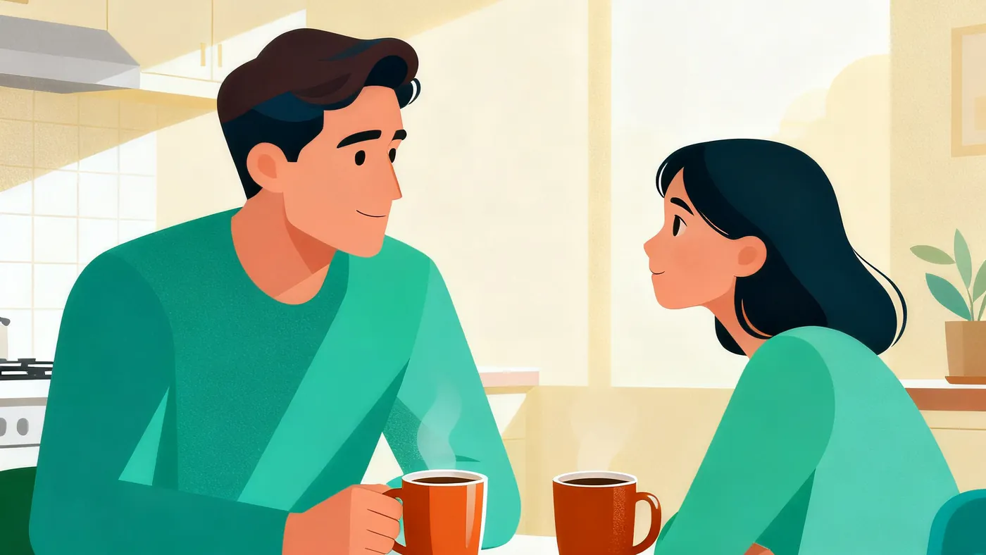 Un hijo y una hija adultos revisan juntos una lista de verificación para elegir un cuidador, con café de por medio