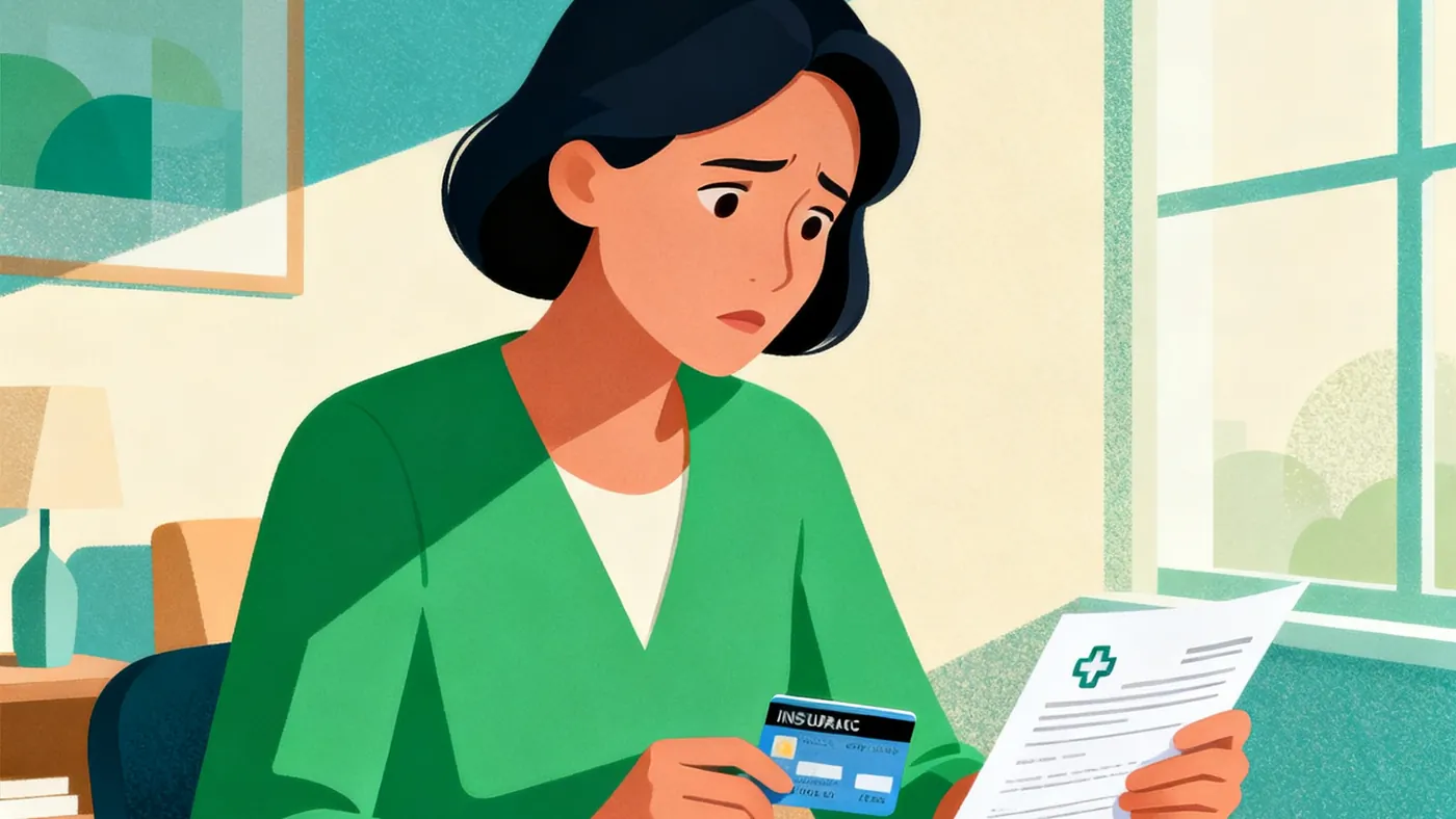 Una mujer revisa papeles del seguro médico y una tarjeta de Medicare en un escritorio en casa