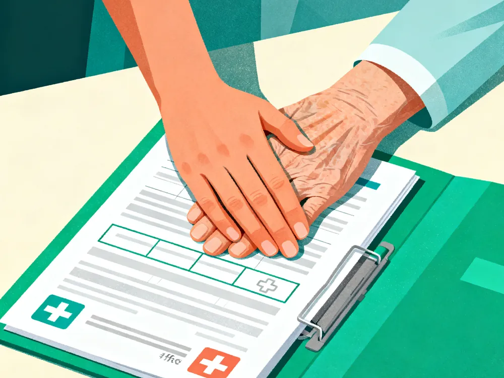Una mano joven y una mano de una persona mayor descansan juntas sobre una carpeta de documentos médicos abierta