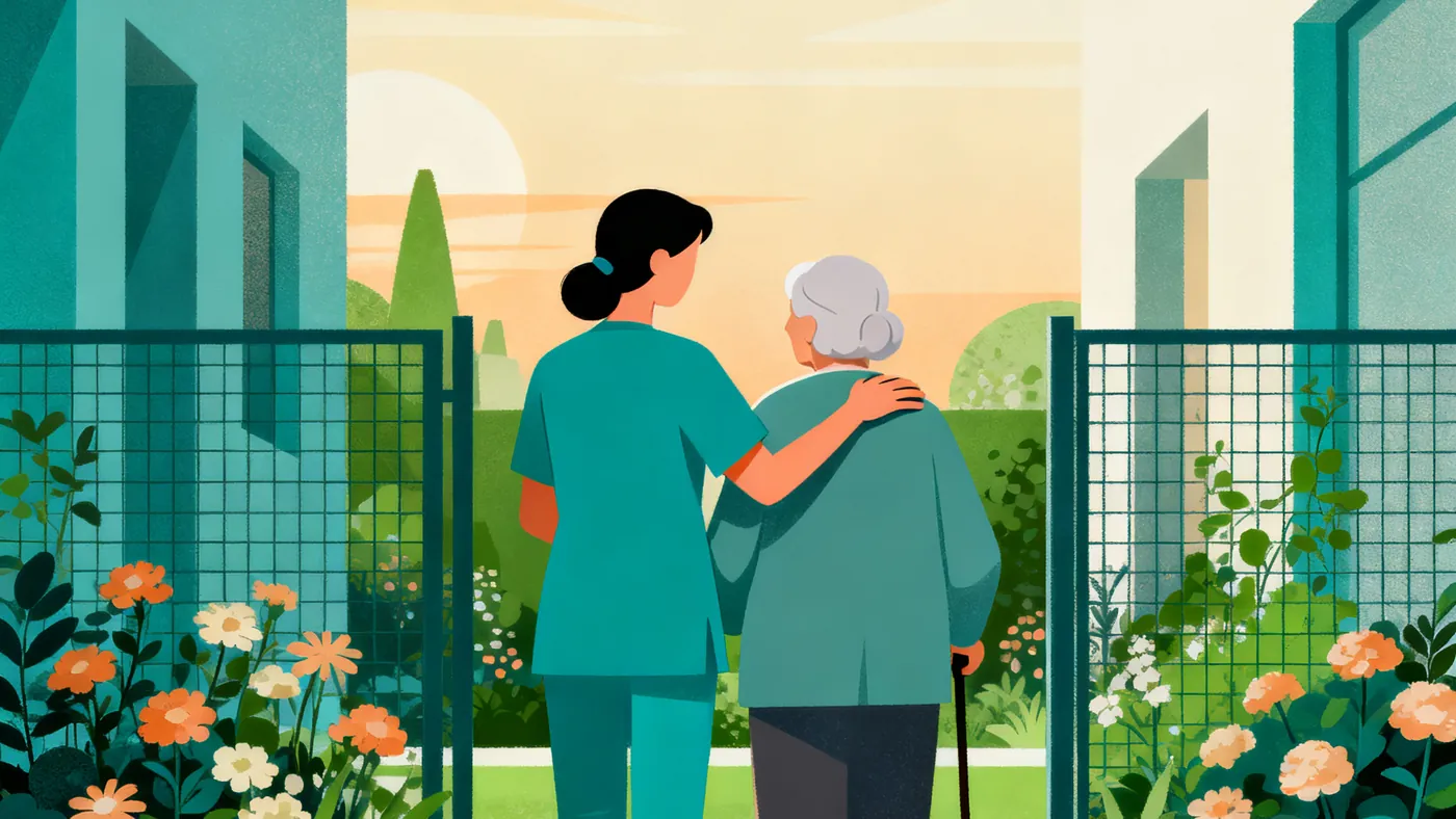 Una cuidadora acompaña con cariño a una persona mayor por un jardín seguro de una comunidad de cuidado de la memoria