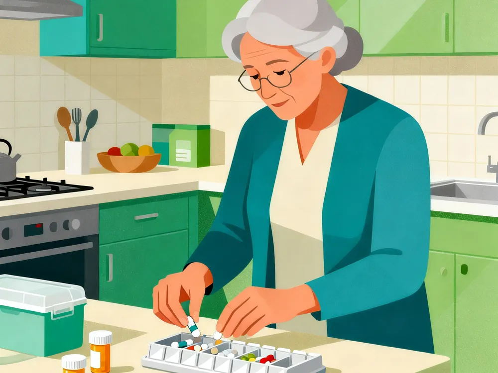 Un cuidador prepara con cuidado los medicamentos de una persona mayor