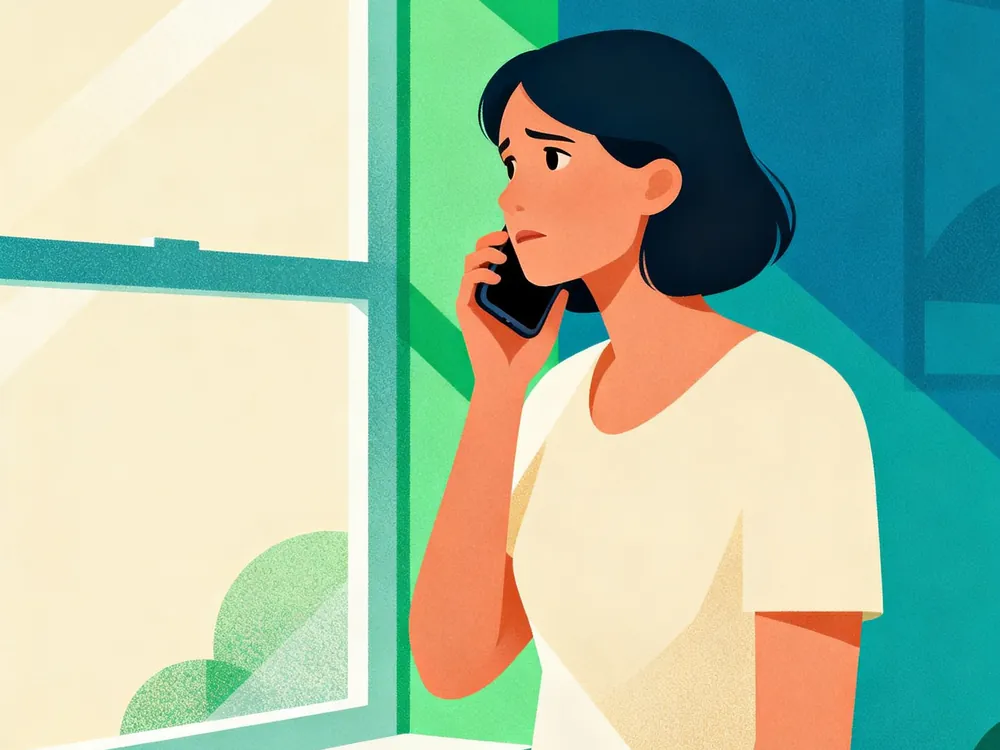 Una hija adulta habla por teléfono mientras revisa notas, buscando información sobre el cuidado de su padre