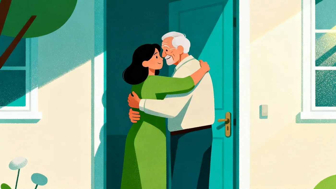 Una hija adulta abraza con cariño a su padre mayor en la puerta de su casa
