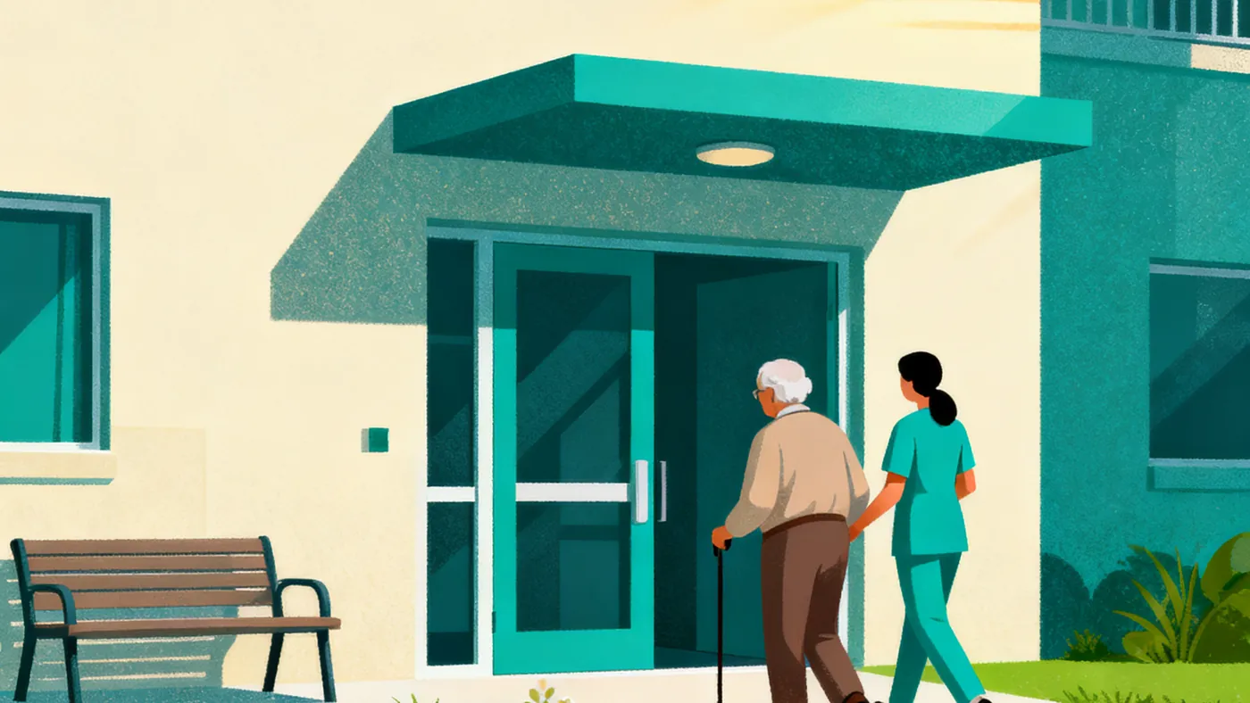 La entrada de una comunidad de vida asistida, con una cuidadora acompañando a un residente mayor hacia la puerta